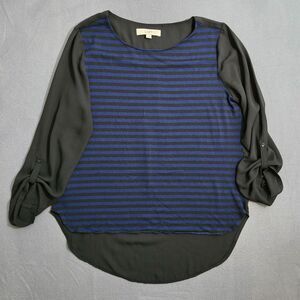 Ann Taylor LOFT Women L Black & Blue Striped Front Tab Sleeve Blouse